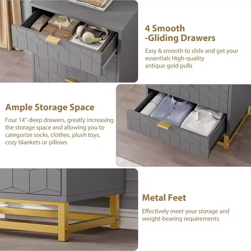 Zstar Bedroom Dressing Table, 4 Drawer Dresser with Metal Legs
