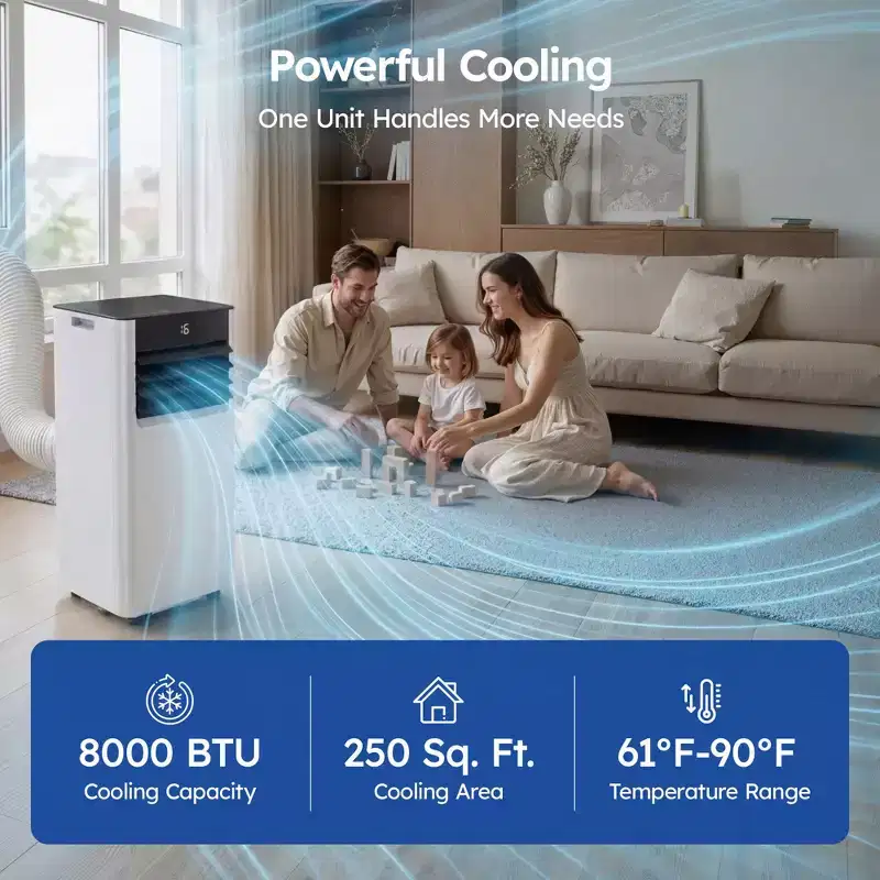 Simzlife Smart Portable Air Conditioner 8000 BTU Fast Cooling AC for Room up to 250 Sq.Ft, 3 in 1 Function, APP Control, Ultra-Quiet, White