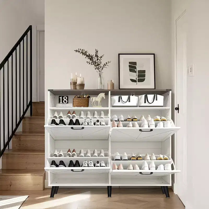 Shoe Storage, Freestanding Shoe Cabinet Storage with 4 Flip Drawers and Barn Door Design, Slim Narrow Shoe Rack Dresser, Shoe Organizer
