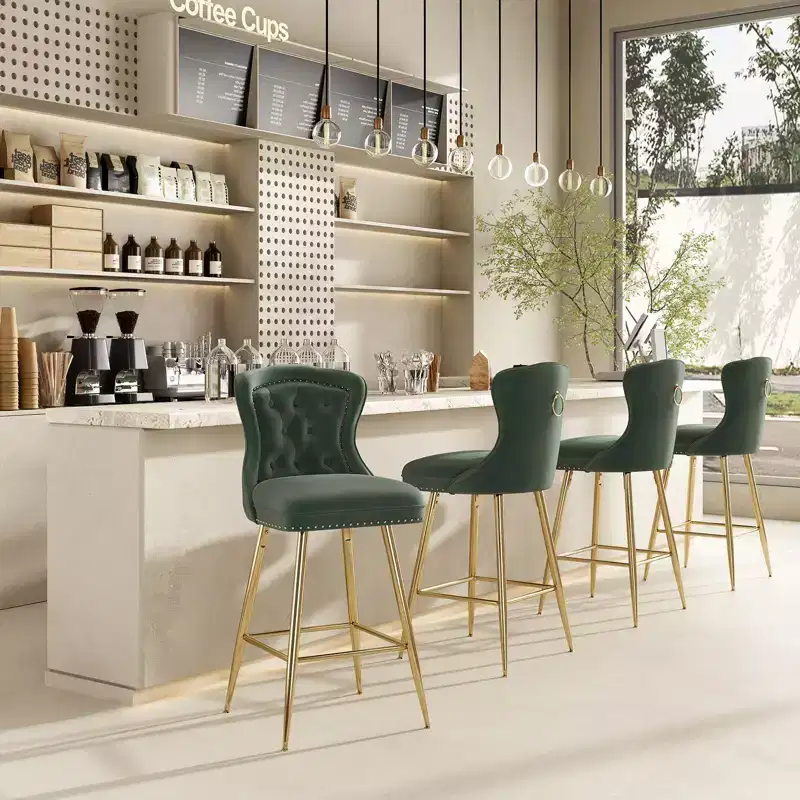 PexFix 2Pcs Bar Stools Velvet Counter Height Bar Stools with Metal Legs Button Tufted and Nailheads Trim Wing-Back Bar Chairs Green