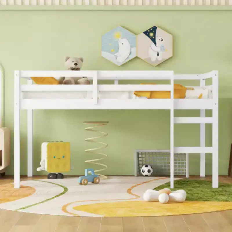 Twin High Loft Bed with Integrated Desk & Safety Guardrail, Solid Rubberwood, Grey