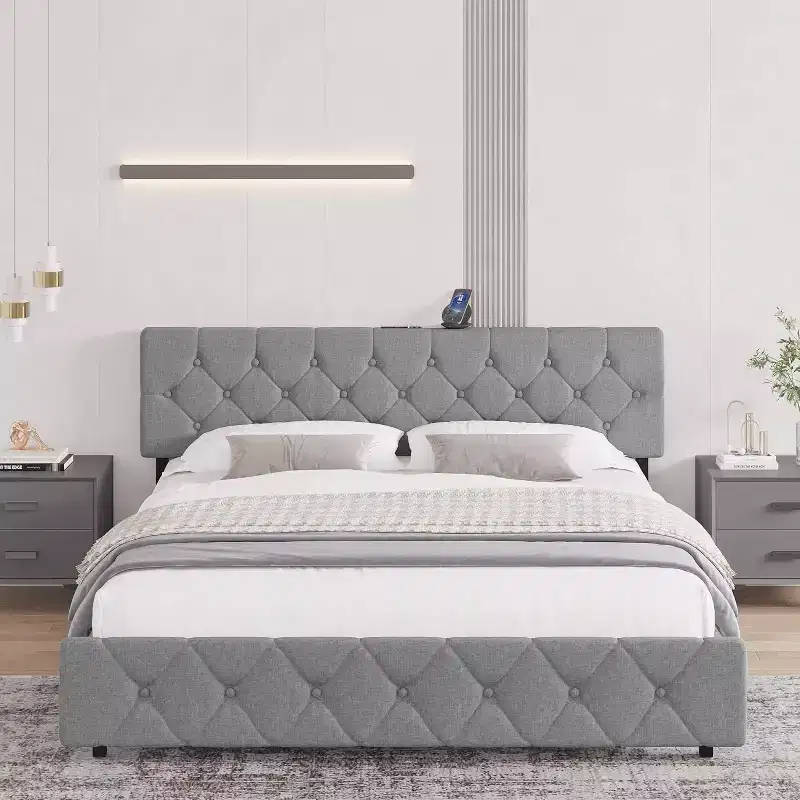 Full Size Bed Frame, Upholstered Platform with Adjustable Headboard, Linen Fabric Wrap, USB Ports, No Box Spring Needed, Easy Assembly, Light Gray