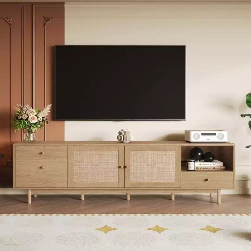 Boho TV Stand for TVs up to 85, TV Console Media Console TV Cabinet with Rattan Doors, Brown - ModernLuxe