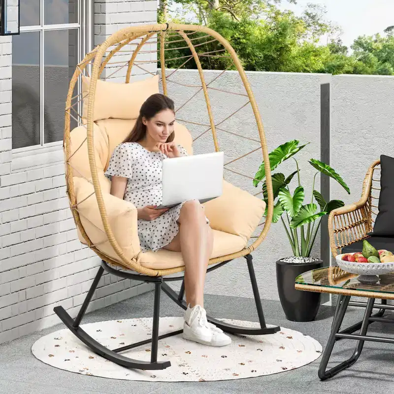 Rocking Egg Chair Wicker Patio Chair Resilient Egg Lounger Chair with Cushioned