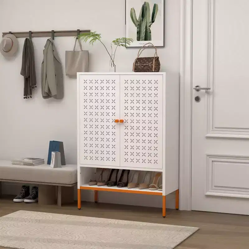 Entryway Shoe Cabinet with Hollow Bench Seat & 10 Shelves, 4-Door Metal Shoe Organizer, 46