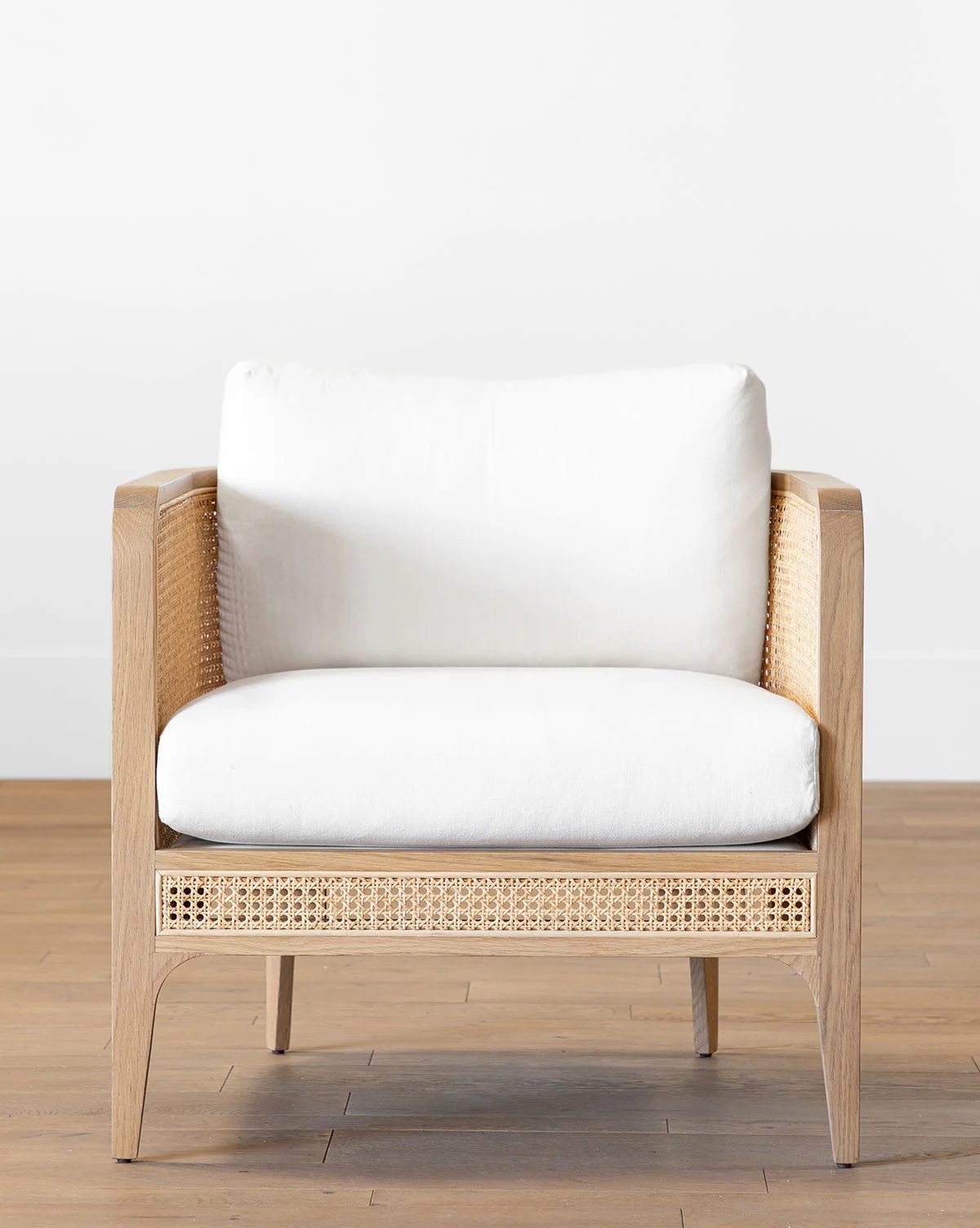 Organic Oak & Cane Lounge Chair with Linen-Cotton Blend Cushion for Living Room