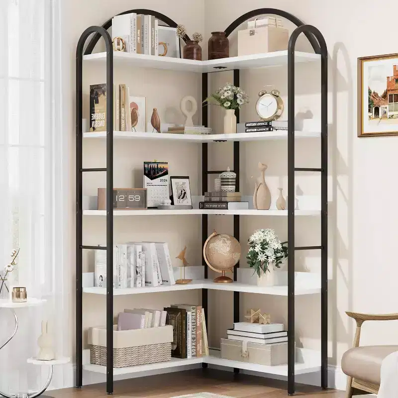 Corner Bookshelf, L Shaped Bookshelf Arched 5 Tier Corner Shelf with Metal Frame for Living Room Bedroom