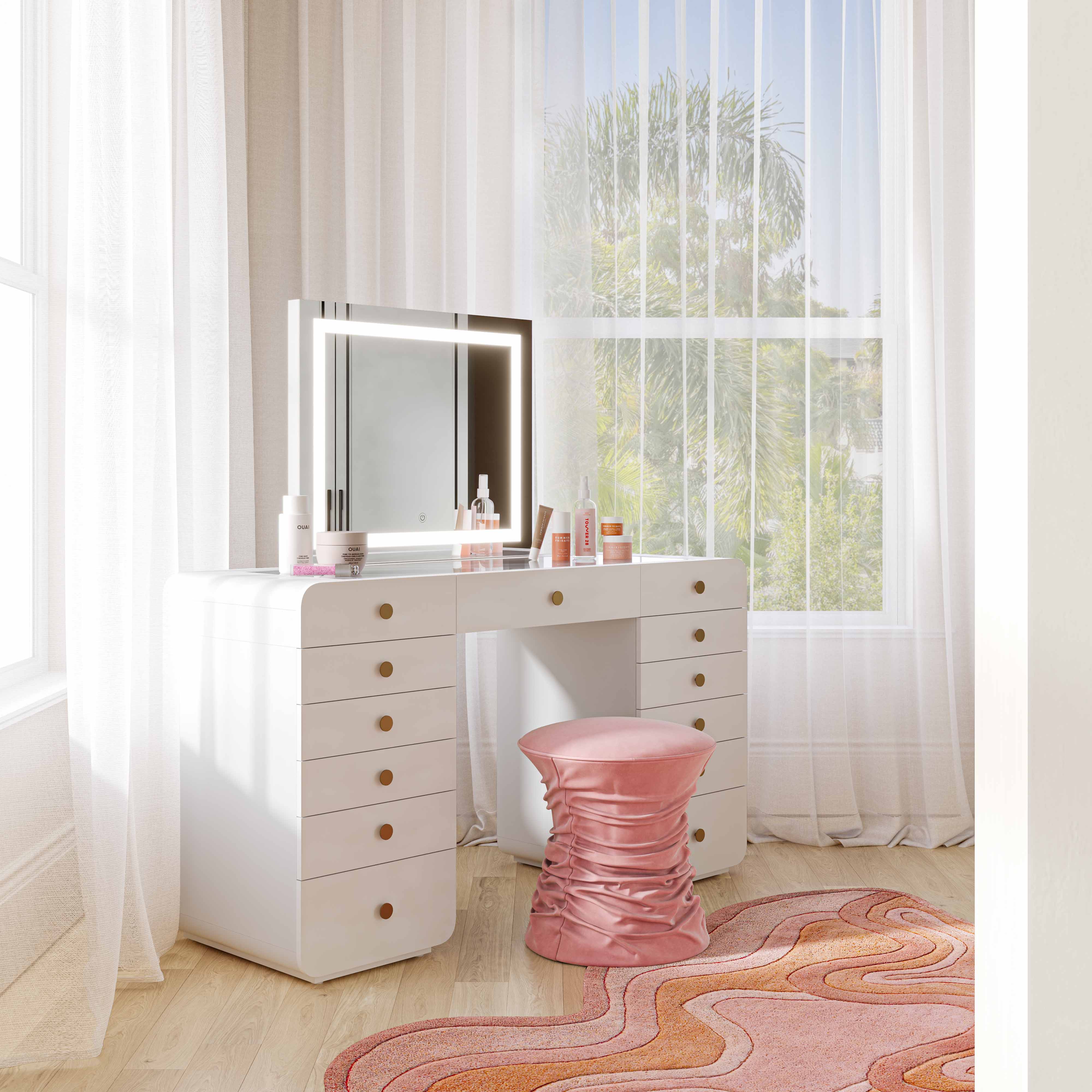 56 White Desk with LED Panel Vanity Mirror