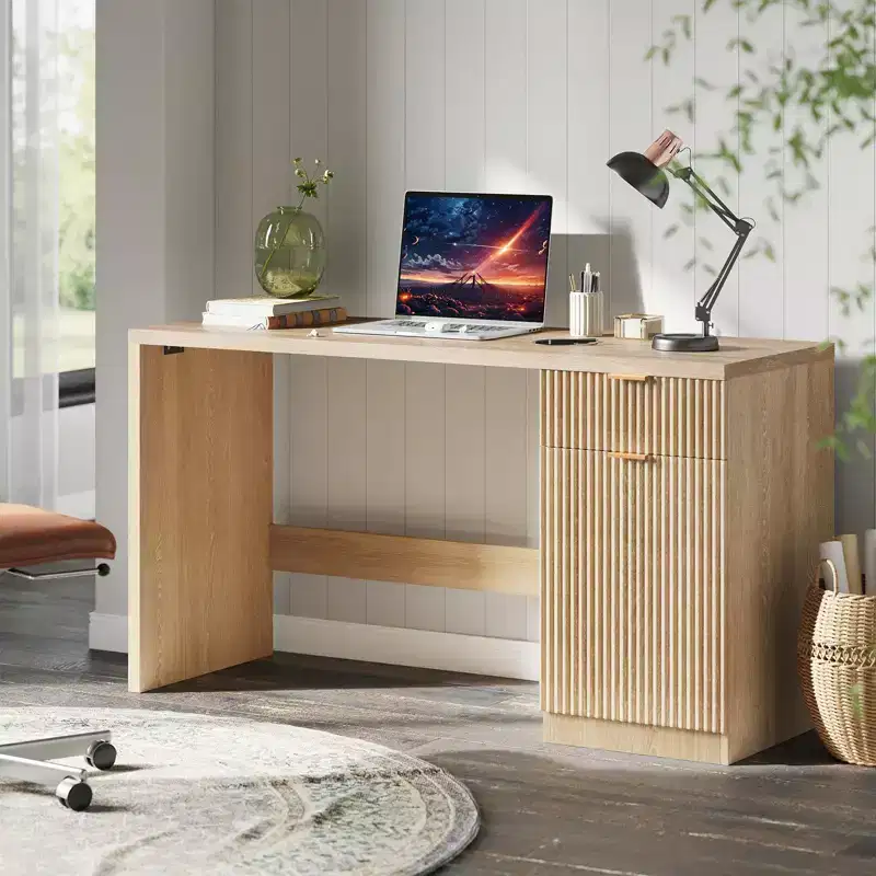 60 Executive Desk with Storage, Modern Home Office Desk with Drawer & Cabinet, Wood Fluted Computer Desks Workstation Writing Conference Table