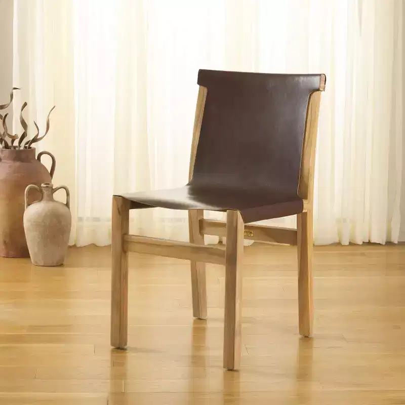 Armless Dining Chair, Teak Frame with Cognac Leather Seat