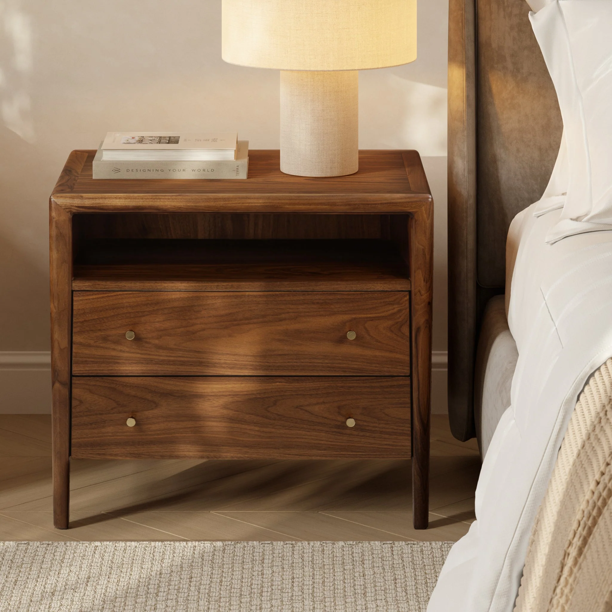 Modern Walnut Walnut Wood Nightstand with Solid Walnut Frame