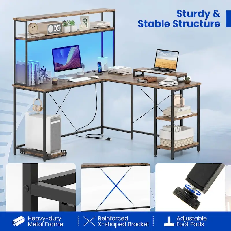 L-Shaped Gaming Desk with LED Strip & Power Outlets
