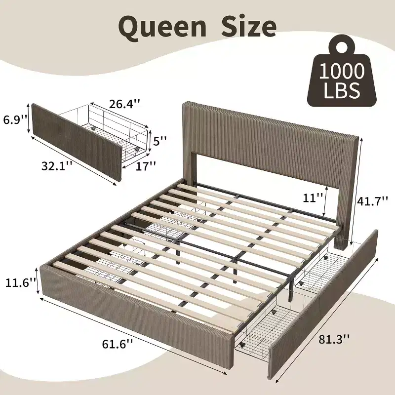 Queen Platform Bed with 4 Drawers - Corduroy Tufted Headboard, Wood Slats, No Box Spring, Brown