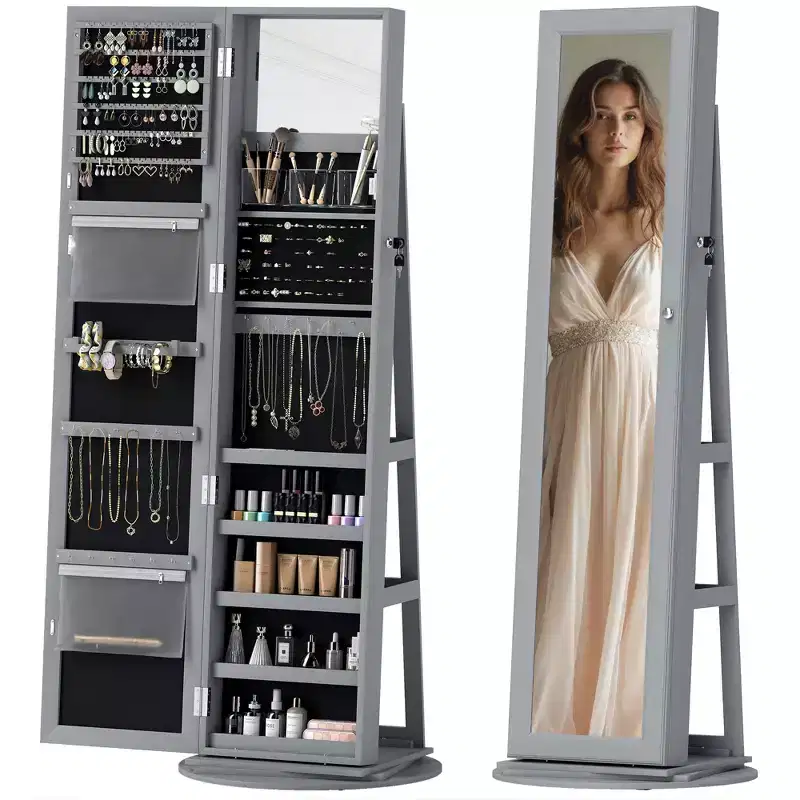 Gray / White Lockable Standing Jewelry Armoire with 360° Swivel Mirror, Single Use