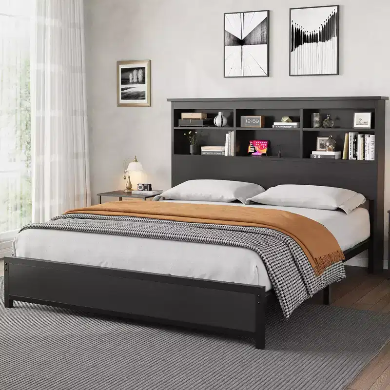 Bed Frame with Bookcase - 2-Tier High Headboard, Full Platform Bed with Charging Station, No Box Spring Needed, Easy Assemble, Black Mattress Frame