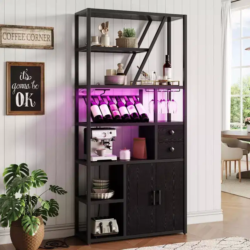 TROPOW Wine Bar Cabinet- Tall Coffee Bar Station with Power Outlets, Wine Rack for Living Room