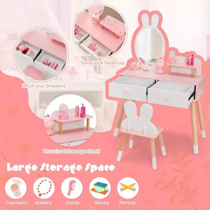BALHAM TRADE-Rabbit Themed Kids Vanity Set White Wooden Makeup Table Chair w 2 Large Drawers