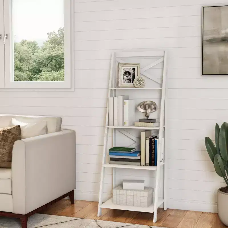 4-Tier Ladder Bookshelf with X-Back Frame Freestanding Bookcase, White