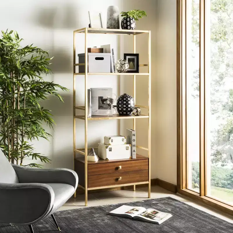 Mateo 4 Tier 1 Drawer Etagere - ETG6205 - Gold/Walnut - Safavieh
