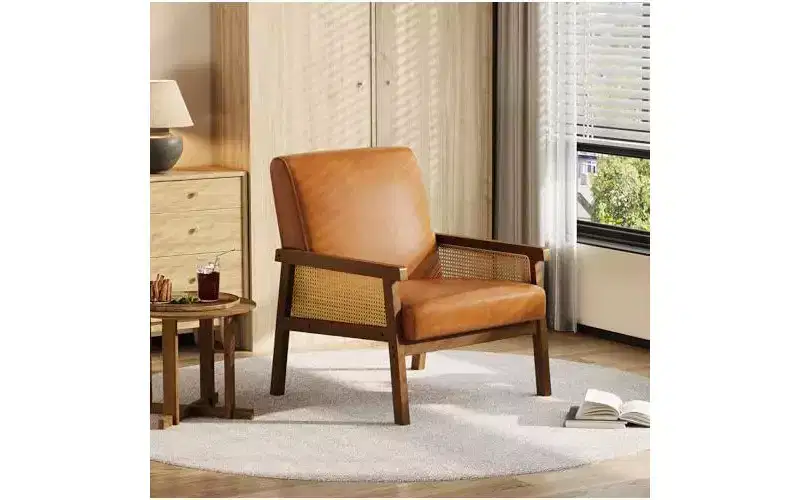 GustoWave PU Leather Accent Chair - Rattan Armchair with Wooden Armrest and Legs, Upholstered Reading Chair for Living Room/Bedroom/Reading Room