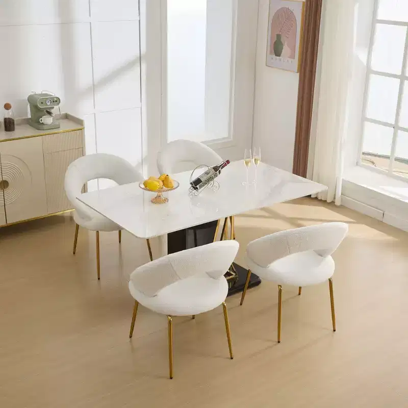 Set of 1 Teddy Fabric Dining Chairs With Curved Backrest and Golden Metal Legs for Kitchen or Dining Room ,White