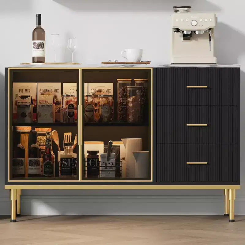 3 Drawers, 2 Glass Doors Marble Top Kitchen Sideboard Cabinet for Dining Room for Kitchen, Living Room, Dining Room, black