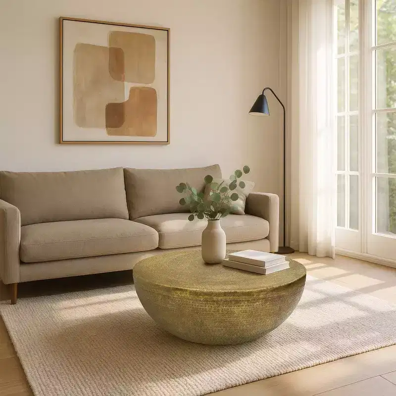 36 Inch Round Coffee Table, Bowl Base with Hand Etched Texture, Antique Brass Aluminum