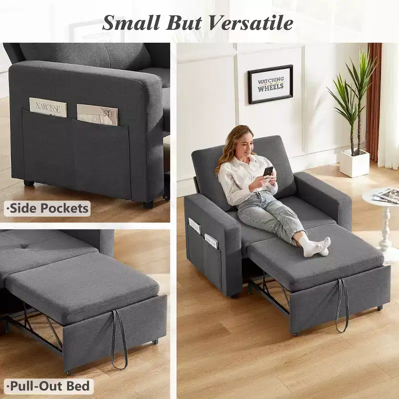 42.5 Inch 3-in-1 Sleeper Chair Bed, Convertible Sofa Chair with Pull Out Bed, Adjustable Backrest, Side Pockets