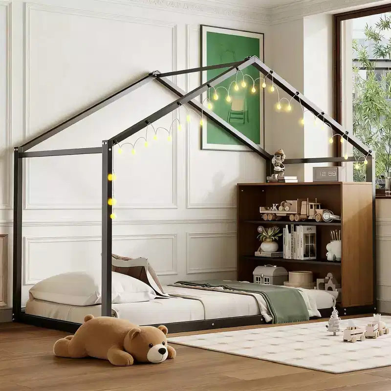 Twin Size Metal House Bed with Shelves and LED Lights