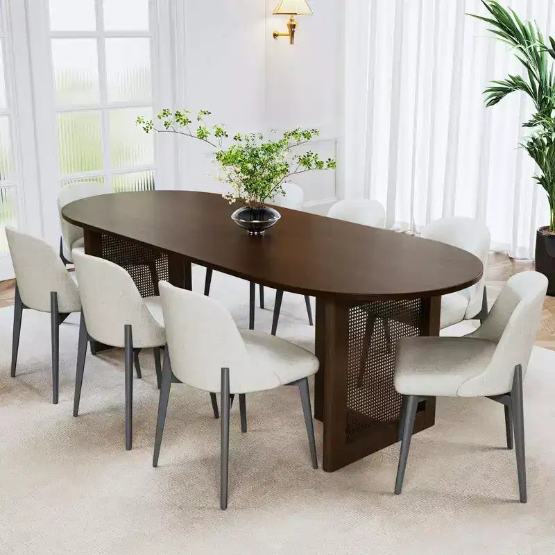 79 inch Vine Woven Oval Walnut Colored Dining Table with 8 Dining chairs Suitable for Dining Room and Living Room