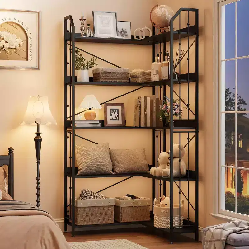 Tall Corner Bookshelf 72, White Gold 5-Tier L-Shape Bookcase with Beaded Detail, Space-Saving Large Corner Shelf for Living Room, Bedroom, Office