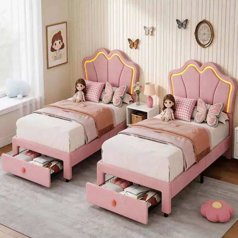 Twin Size Velvet Storage Beds with LED Lights Upholstered Platform Bed Frame with Pull-Out Drawer, No Box Spring Needed
