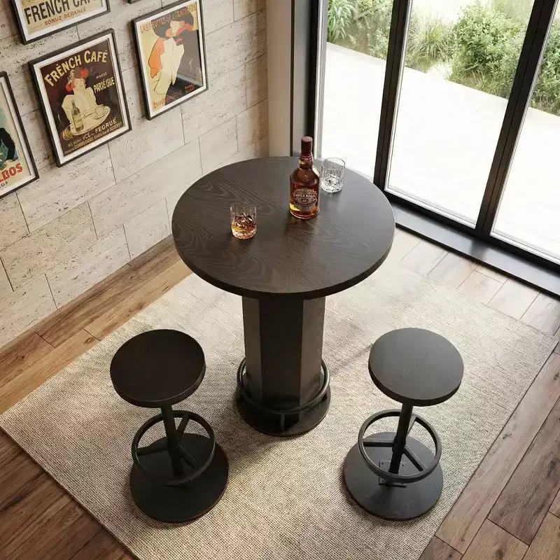 23.62 Round Modern Bistro Table, Rustic MDF Top & Metal Pedestal Base, 37.8 Bar Height Table with Footrest