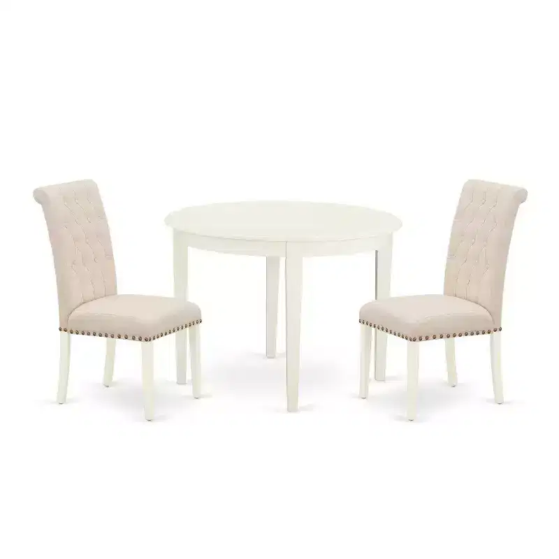 3-Piece White Finish Round Solid Wood Top Dining Table