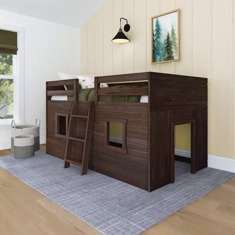 Farmhouse Twin Low Loft Bed with 2 Windows Solid Wood