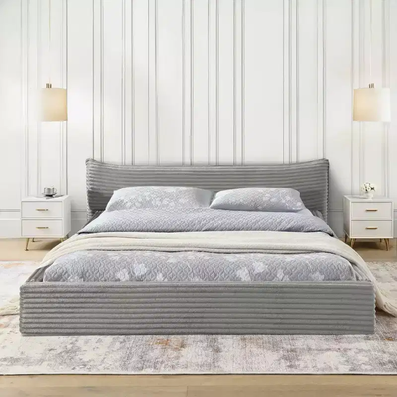 Queen Size Upholstered Bed Frame with Chenille Fabric with Pleated Headboard Solid Frame for Bedroom Gray