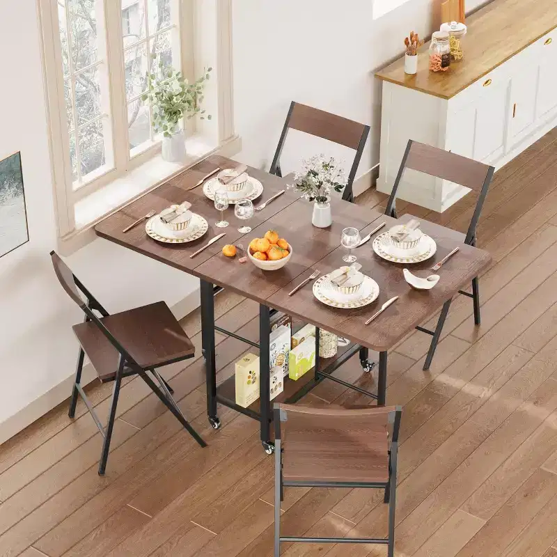 47 5-Piece Farmhouse Folding Dining Set for 4  Wooden Drop Leaf Table on Wheels & 4 Foldable Chairs  Sturdy Steel Frame, Space-Saving for Apartmen