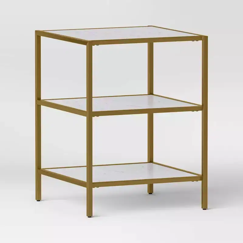 Faux Marble and Metal Side Table Gold - Threshold™: Brushed Gold Frame, 3-Tier Square Display
