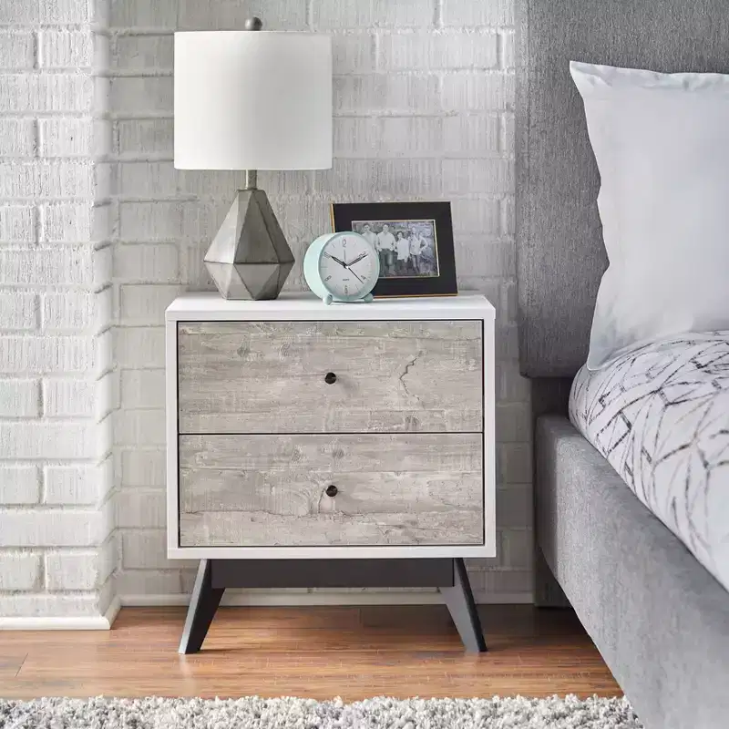 Mid-Century 2 Drawer Nightstand White/Weathered Gray