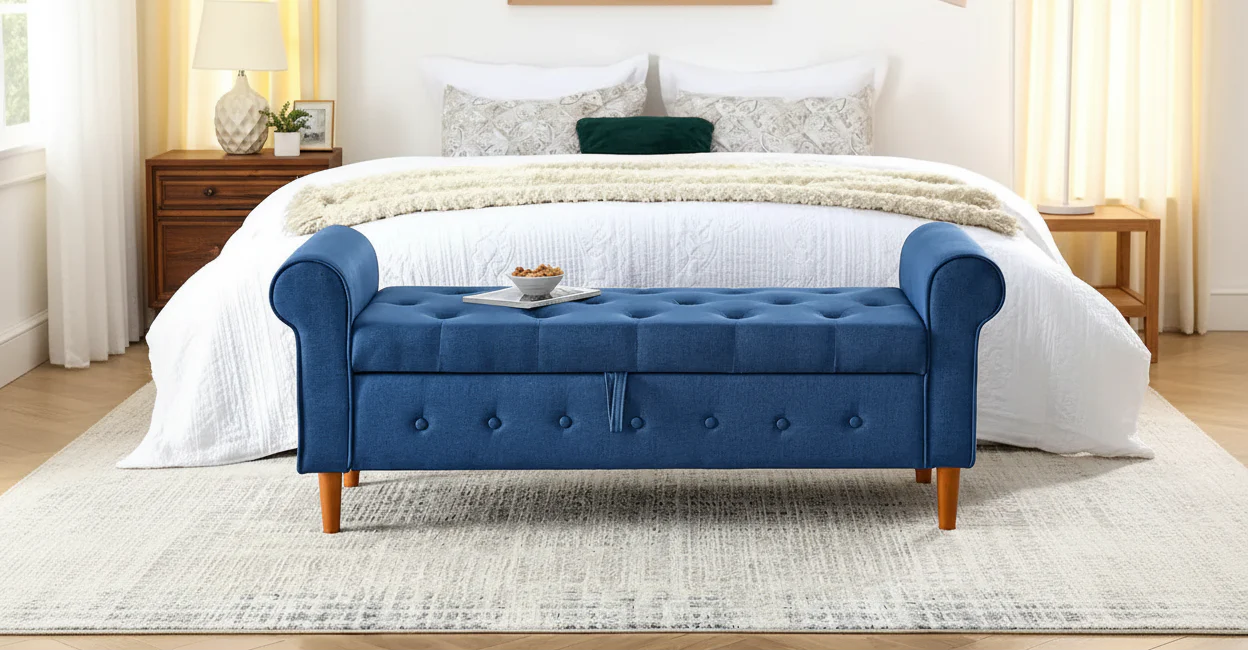 Fabric Tufted Storage Bench with Rolled Arms – Grey / Black / Beige / Blue, 2-Seat