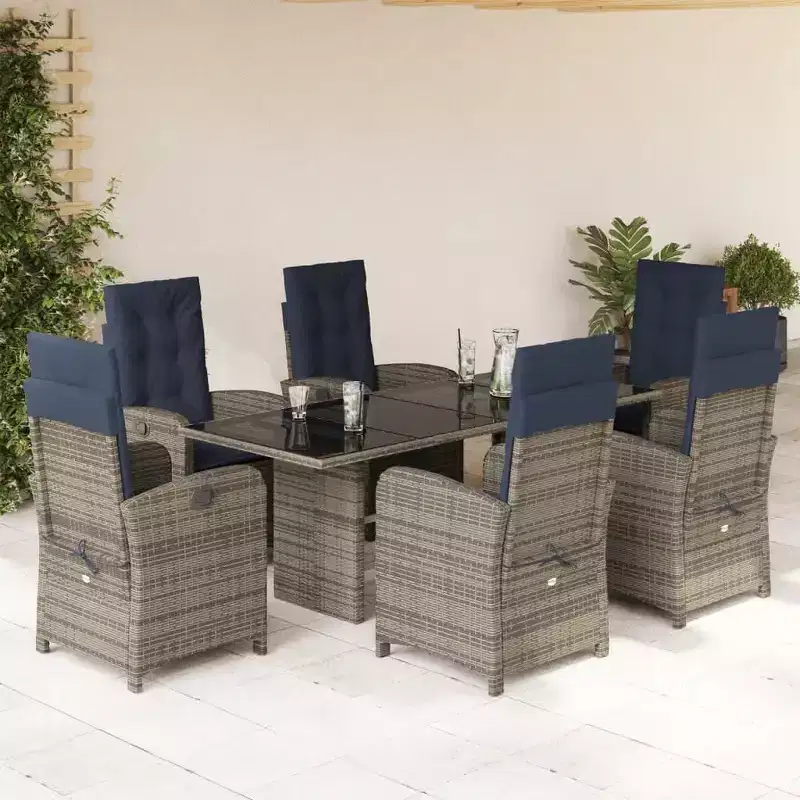 vidaXL 7-Piece Patio Dining Set - Gray Poly Rattan with Navy Blue Cushions, Adjustable Reclining Chairs, Tempered Glass Top Table for Garden/Outdoor