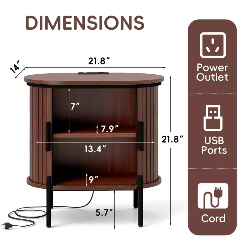 Mid-Century Modern Sideboard with Sliding Slat Doors, Built-In Power Outlet and USB Ports