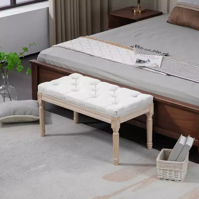 32 Linen Upholstered Bedroom Bench, French End of Bed Bench with Thick Padded Cushion and Wooden Legs