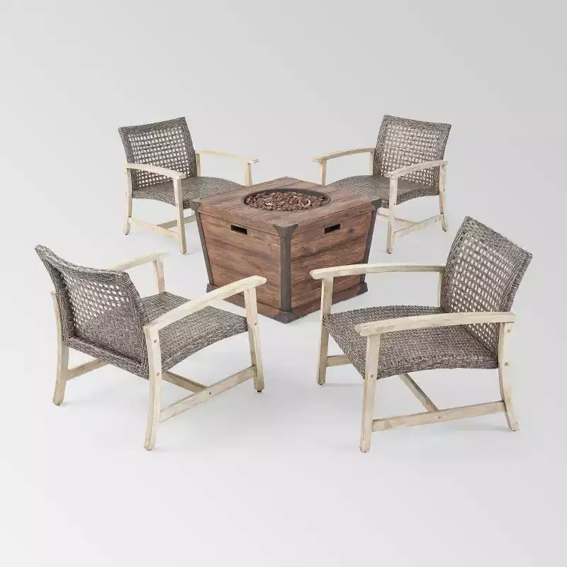 Hampton 5pc Wood & Wicker Club Chair Set with Fire Pit - Christopher Knight Home