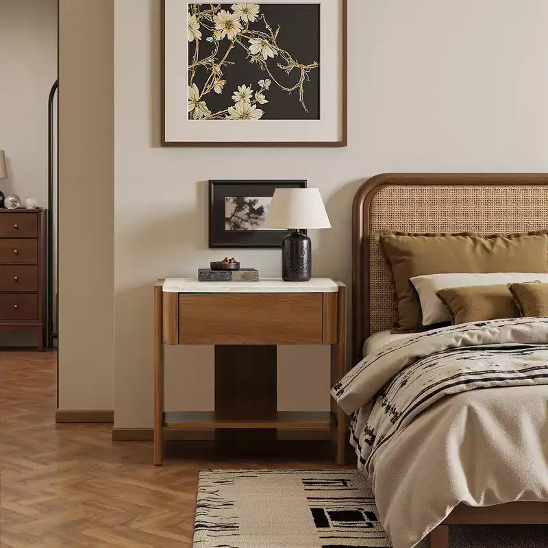 LuxenHome Faux Travertine Nightstand with Drawer and Open Shelf, MDF Wood Accent Side Table Brown