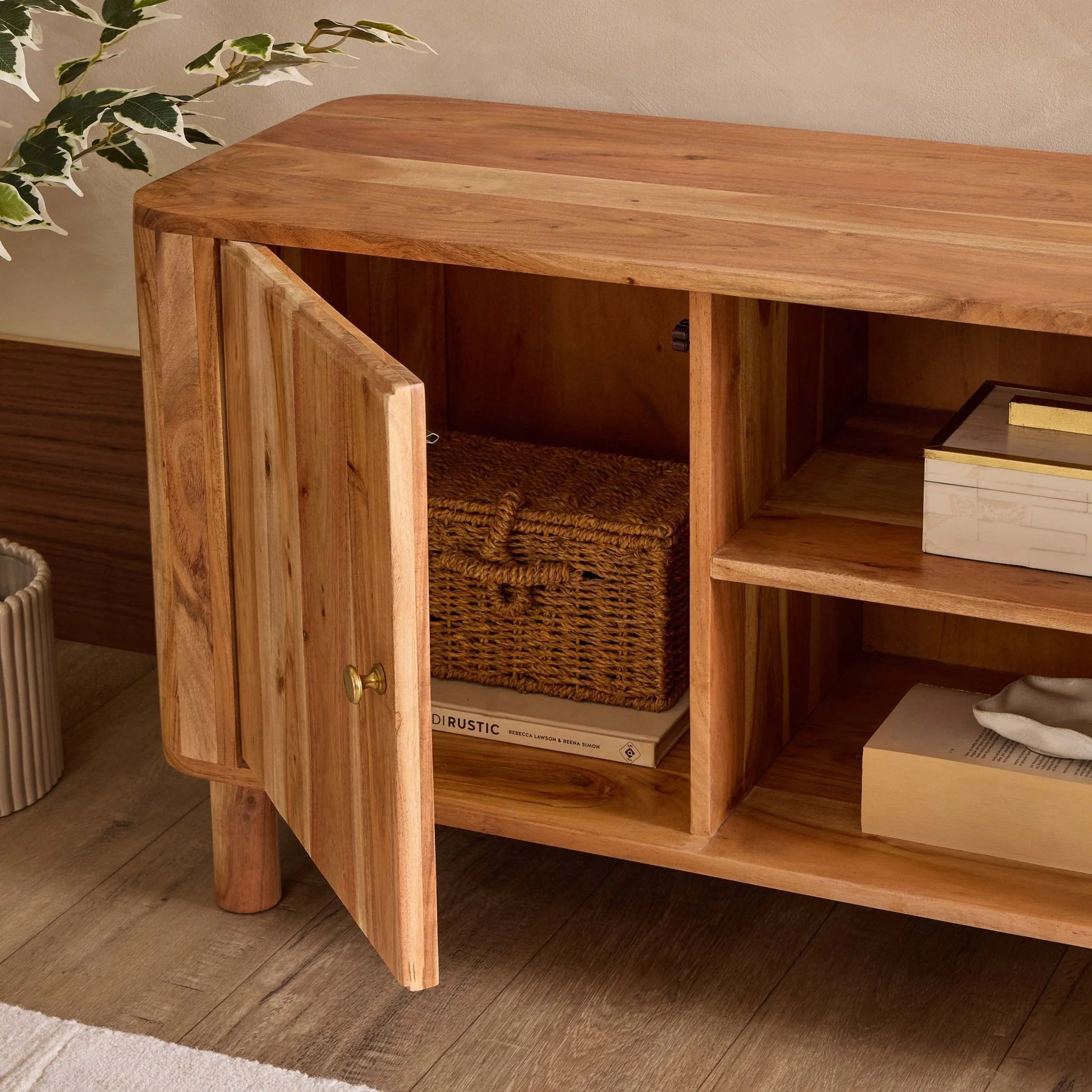 Organic Natural Acacia Wood TV Unit with Open Shelving for TVs up to 50 Inch for Living Room