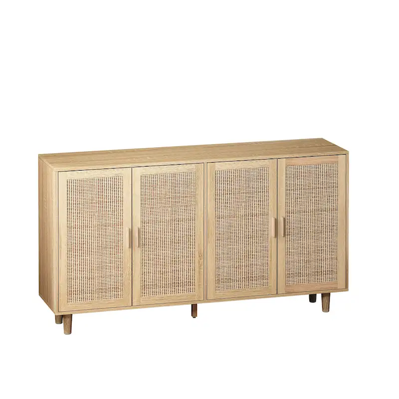 Natural 4-Door Rattan Storage Cabinet with Wood Legs – 1 Person Assembly