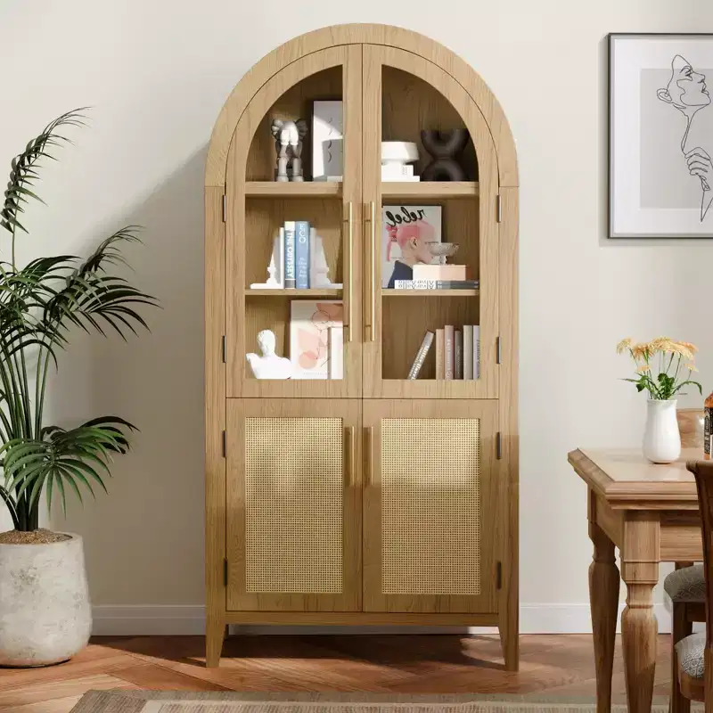 MAYEERTY 63 Tall Arched Storage Cabinets Wood Storage Cabinets with Glass Rattan Door Adjustable Shelf for Living Room Dining Room Natural