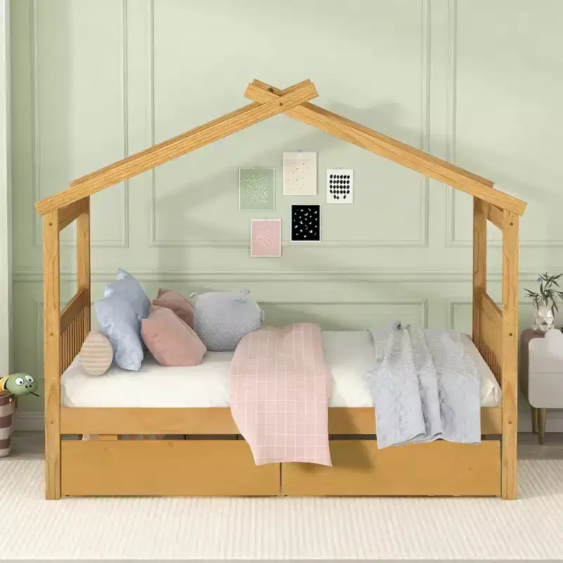 Luxystar Modern Full Size Wood House Bed with 2 Drawers and Headboards