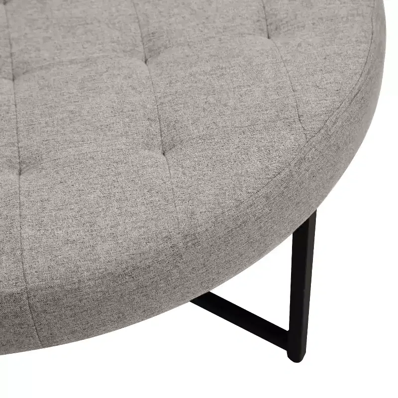 34 Round Cotton Linen Tufted Ottoman with Metal Frame